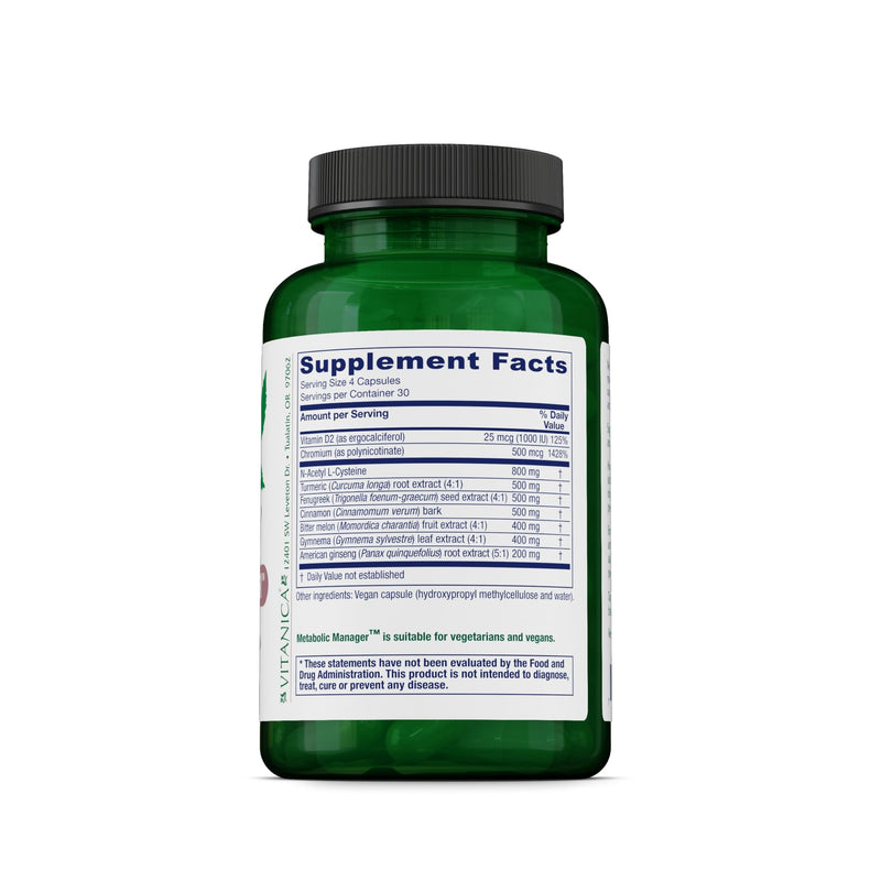 Vitanica Metabolic Manager - Herbal Supplement to Support Healthy Response - Dietary Supplement with Vitamin D - Vegan Antioxidant Supplement - Pro Logo - 120 Capsules