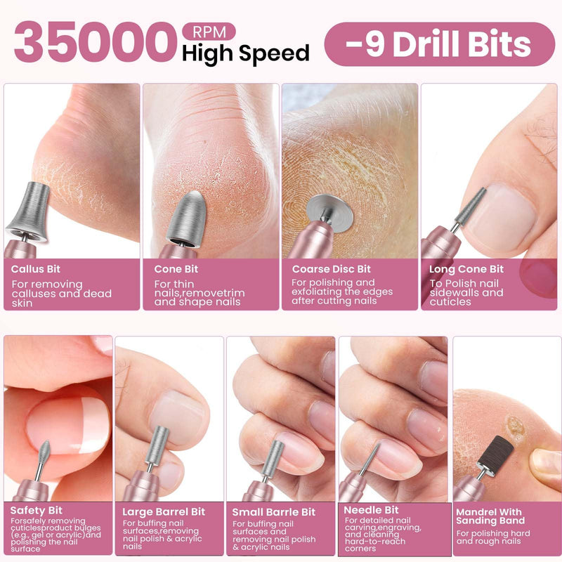 Cordless Nail Drill 35000RPM, Portable Electric Nail File for Acrylic Gel Nails, Professional Manicure Pedicure Kit, Rechargeable Pedicure Tools for feet with LCD Display, Low Noise Low Vibration Rose Gold - BeesActive Australia