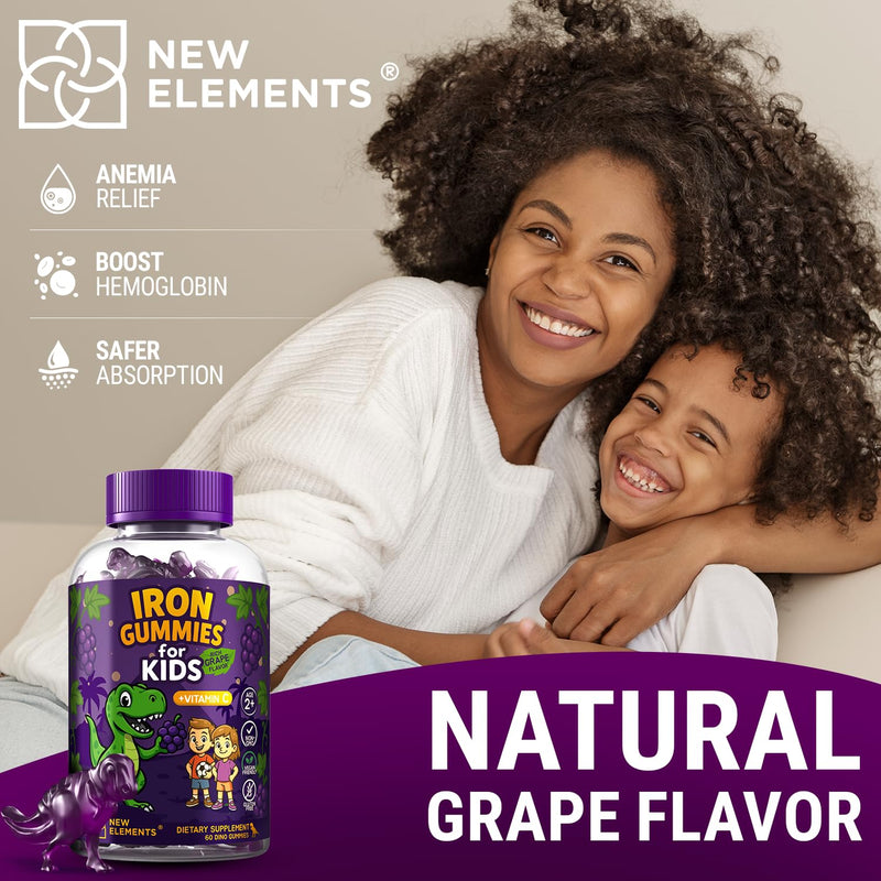 New Elements Iron Dinosaur Gummies for Kids with Vitamin C | Sugar-Free, Vegan, Gluten-Free & Non-GMO | Anemia Relief, Energy & Blood Health Support | Grape Flavor, Pectin-Based for Optimal Health 60 Count (Pack of 1)