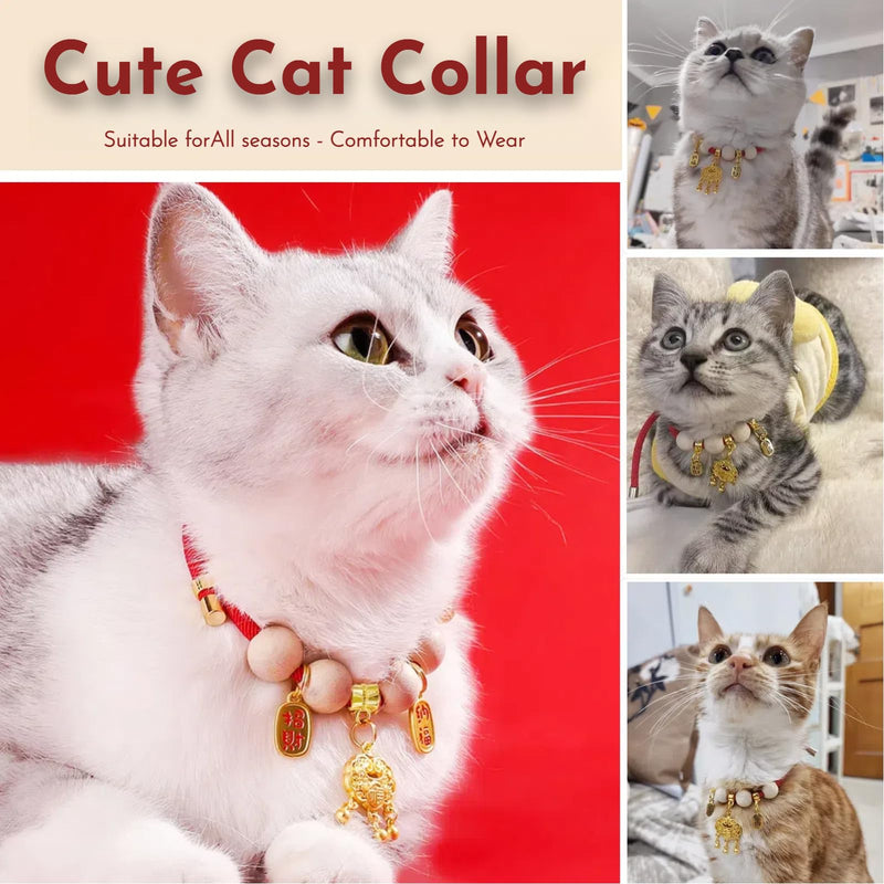 Cat Collar: Red Lucky Cat Collar, Kitten Collar with Bell, 2 Camphor Wood Beads, Adjustable Cat Collar Breakaway, Suitable for Cats, Rabbits, and Small Dogs - BeesActive Australia