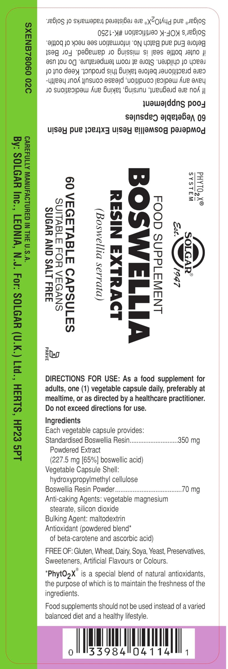 Solgar Boswellia Resin Extract, 60 Vegetable Capsules - Supports Joint Comfort & Digestive Health - Standardized Full Potency (SFP) - Non-GMO, Vegan, Gluten Free, Dairy Free, Kosher - 60 Servings - BeesActive Australia