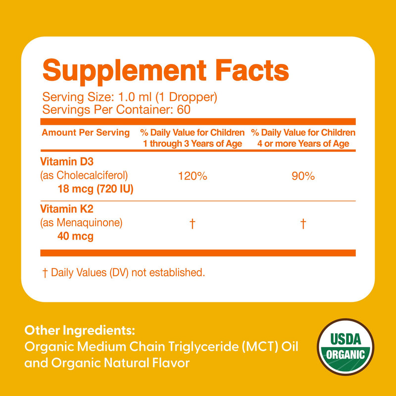 Feel Great Organic Vitamin D3 + K2 Liquid Drops for Kids & Infants, 2oz | USDA Organic Vitamin D3 + K2 Drops for Bone & Immune Support, Calcium Absorption, Tropical Fruit, Vegan, Gluten-Free
