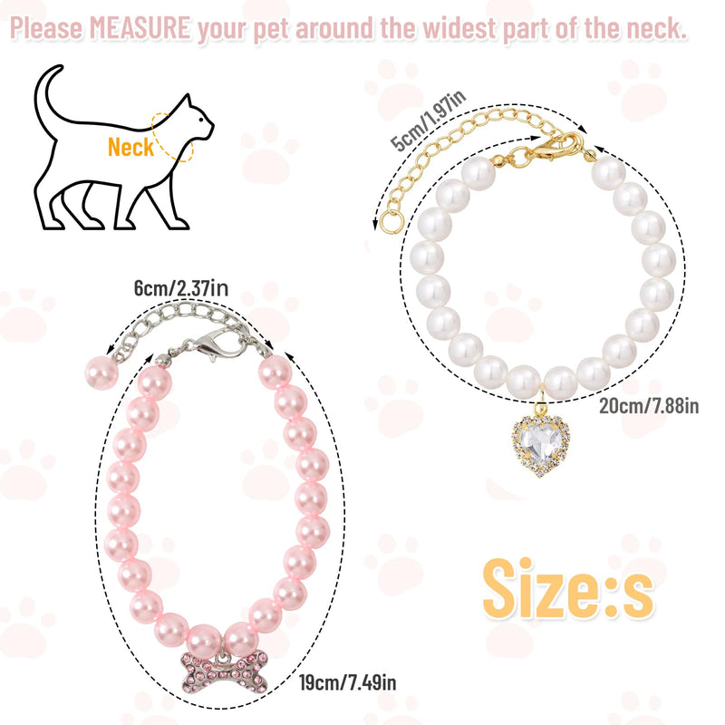 2 Pcs Cat Dog Collars,with Rhinestone Bones,Heart Shape Rhinestone Pet Necklace,Dog Pearl Necklace Collar Cats and Dogs Cute Accessories for Cats and Dogs Birthday, Party, Wedding (S) S - BeesActive Australia