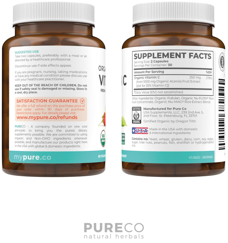 Certified Organic Vitamin C Supplement - Whole Food Acerola Vitamin C Immune Support Supplement for Seasonal Wellness with Naturally Occurring Bioflavonoids Polyphenols & Cofactors (1 Month Supply) Organic Vitamin C 60 Count