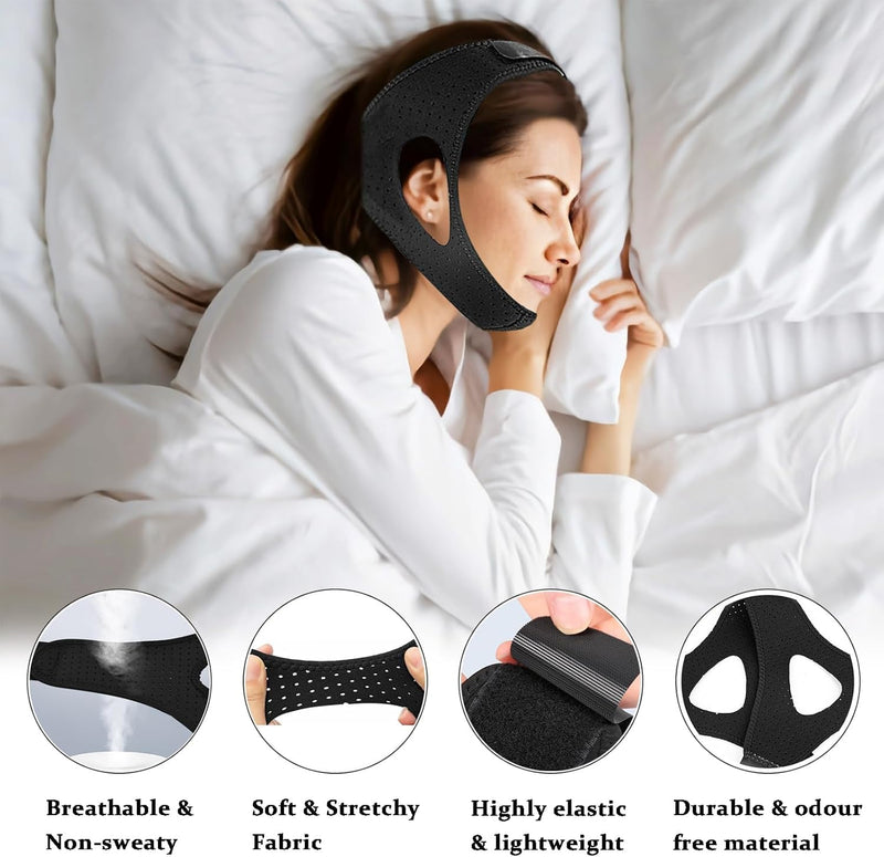 Chin Strap for Sleeping,Comfortable Anti Snoring Devices,Adjustable Breathable Chin Strap for CPAP Users for Men and Women,Simple and Effective Snoring Solution - Black M - BeesActive Australia