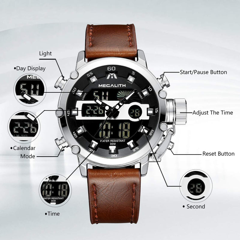MEGALITH Mens Watches Waterproof Digital Military Sport Tactical Multifunction Heavy Duty Led Rugged Watch for Men, Alarm Stopwatch, Nylon/Leather Strap 4-Brown Silver