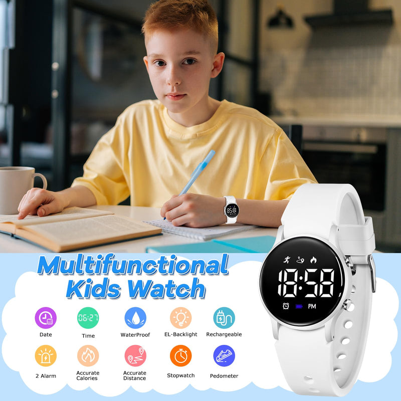 BEN NEVIS Kids Watch for Boys Girls Waterproof Digital Watch for Kids with Pedometer, Vibration Alarm Clock, Stopwatch, Calendar, No App for Ages 5-18 04-White - BeesActive Australia