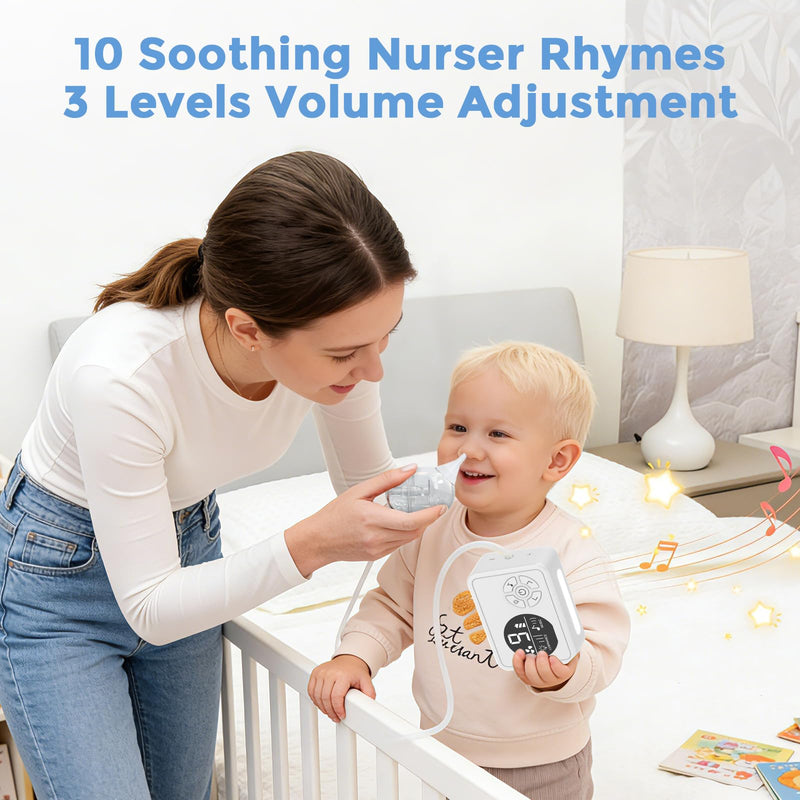 Nasal Aspirator for Baby, Nose Sucker with 9 Suction Levels, Electric Snot Sucker, 3 Levels Night Light & Nursery Rhyme Soothing Function, Food-Grade Silicone Tips White