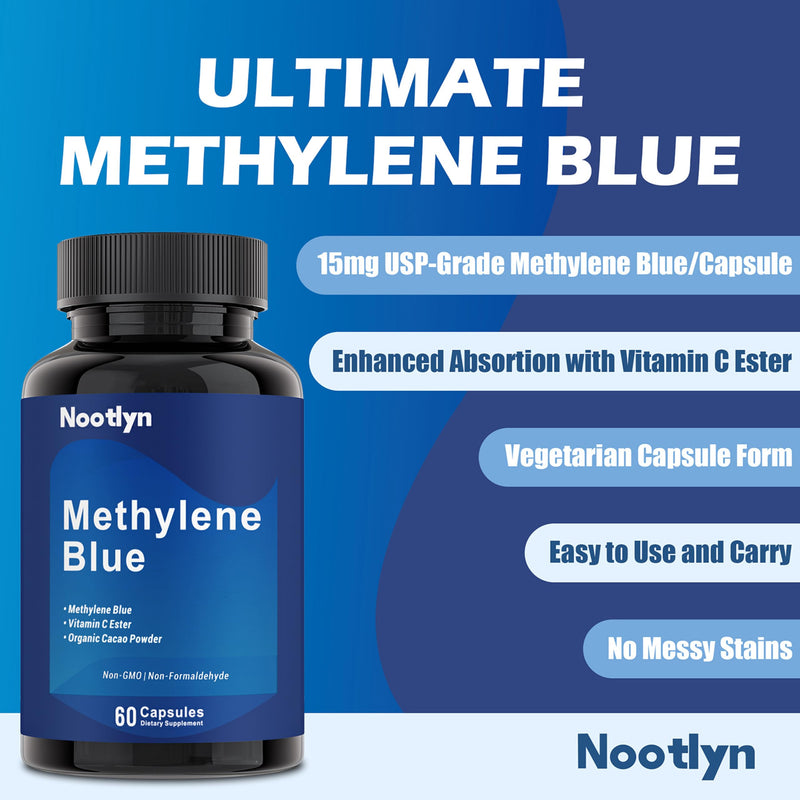 Methylene Blue Capsules - Pharmaceutical Grade Blue Methylene 15mg, with Vitamin C Ester, Daily Wellness & Cellular Support, 60 Capsules