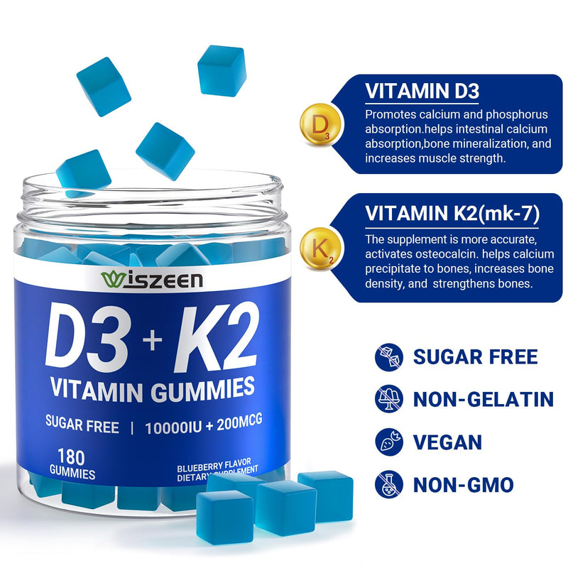 Vitamin D3 K2 Gummies, Vitamin D3 10000iu & Vitamin K2(MK7) 200mcg | Calcium, Magnesium, Vitamin B12 for Bone Muscle Teeth Immune, Vegan, Sugar-Free