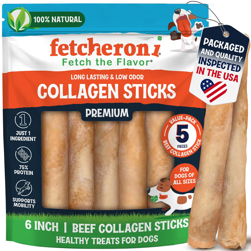 6" Collagen Sticks for Dogs – Low Odor Long-Lasting Bully Stick & Rawhide Alternative, Single Ingredient Beef Bone, High Protein Dental Treat, Vet Approved, Improves Joint Health – 5 Pack 1 Count (Pack of 5) 6"