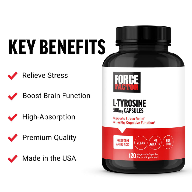 Force Factor L Tyrosine Stress Relief Supplement | L-Tyrosine Brain Health Supplements for Adults, L-Tyrosine 500mg Capsules, Free Form, Vegan, Non-GMO, 120 Capsules