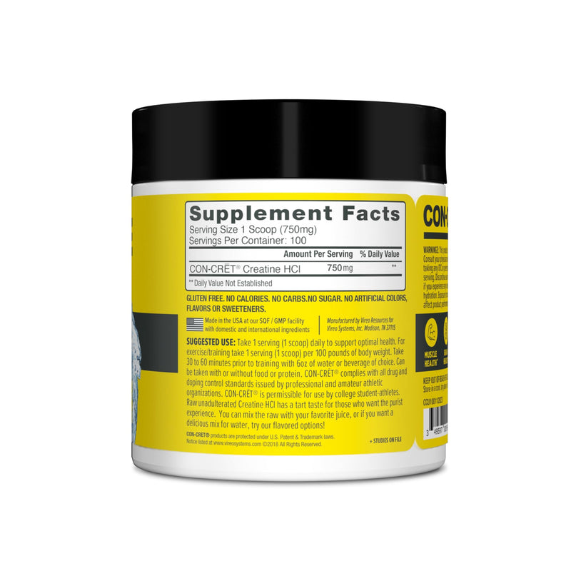 CON-CRET Creatine HCl Powder | Muscle, Cognitive, Cellular Energy Support | No Bloating or Cramps | USA Made & NSF Certified | Unflavored (100 Serving) Raw Unflavored 100 servings (Pack of 1) - BeesActive Australia
