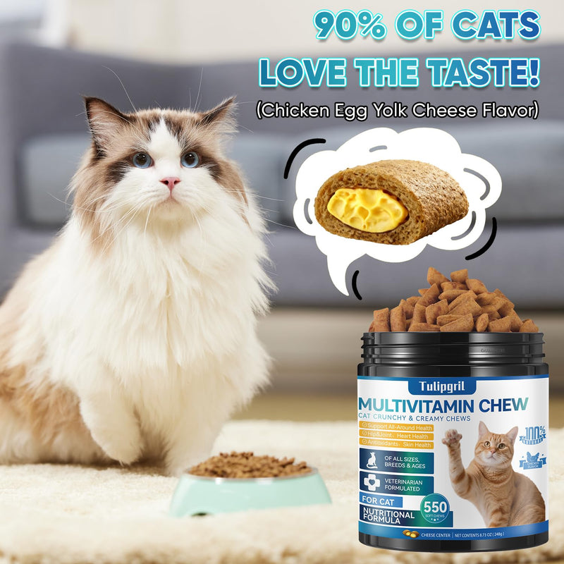 550 Chews Cat Multivitamin with 16 Active Ingredients (Vitamin A, C, B1, B6, D3, Taurine & More) – Supports Coat, Immune, Growth, Digestion, Joints, Poor Condition & Diet Change – for All Cats
