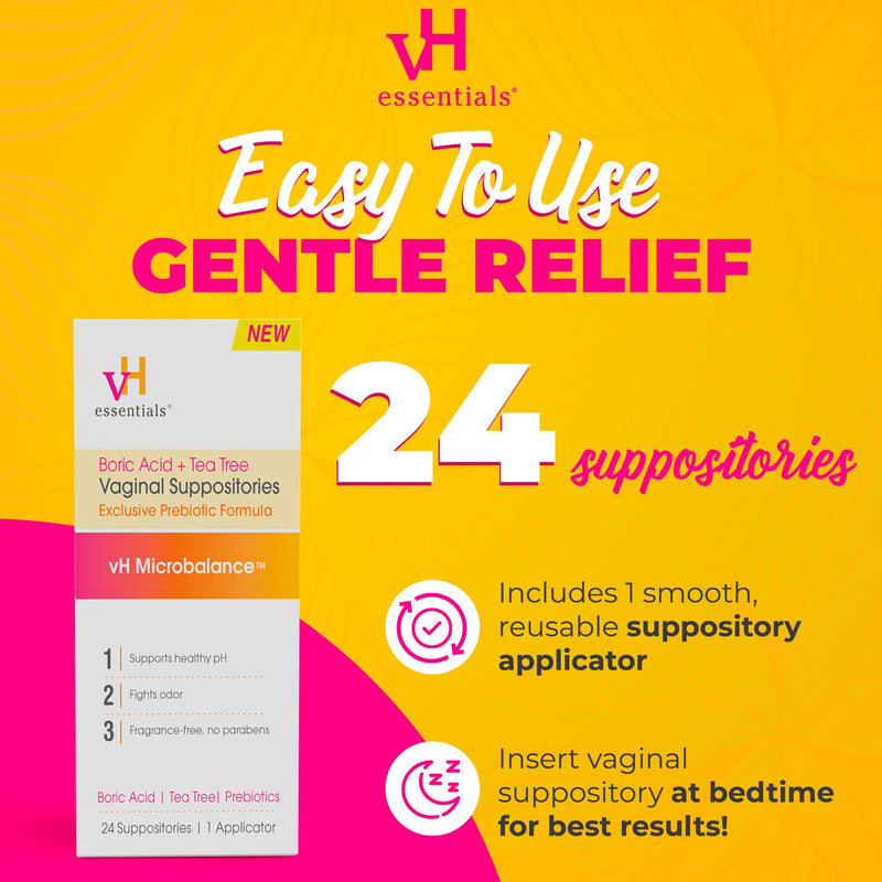 vH essentials Boric Acid + Tea Tree Vaginal Suppositories - Prebiotics Formula with Lactic Acid - PH Balance, Odor Control, Feminine Care - 24 Suppositories + Applicator, White, 2.4 Ounces (5397) Medication - BeesActive Australia