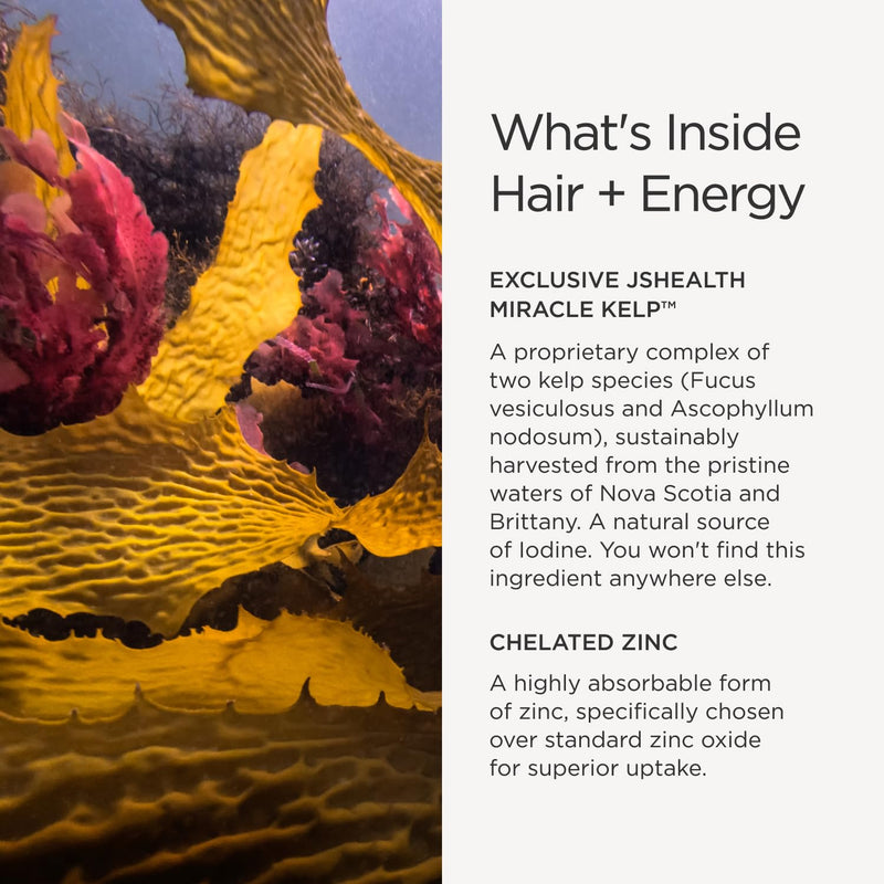 JSHealth Hair Growth Vitamins for Women. Hair + Energy with Kelp Iodine and Zinc. Supports Thickness, Strength, Energy. Nutritionist-Formulated (30 Capsules) | Hair Vitamins for Women and Men, Zinc and Iodine Hair Supplements for Hair Growth