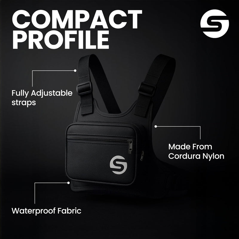 Running Chest Pack for Men Women with Collapsible Water Bottle, Water-Resistant Adjustable Chest Pack with Reflective Back for Cycling, Hiking, Workouts, with Phone Holder and Extra Storage Black