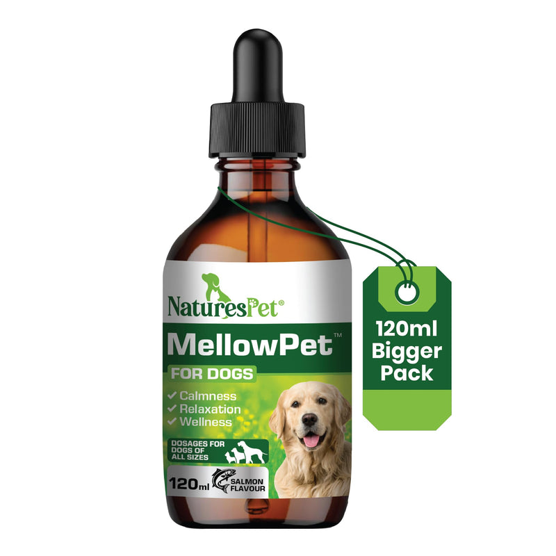 MellowPet – Calming Supplement for Dogs 120ml | Stress, Anxiety & Barking Relief for Travel & Separation | With Valerian & Ashwagandha – Salmon Flavour