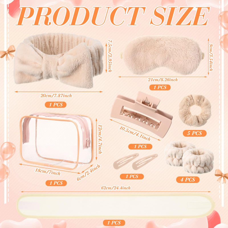 16 Pcs Skin Care Headband Set 2 Spa Headband 1 Plush Sleep Eye Mask 4 Skin Care Wristbands 5 Velvet Scrunchies 1 Claw Clip 2 Bangs Clip 1 Cosmetic Bag for Valentine Galentine Spa Gift(Khaki) Khaki