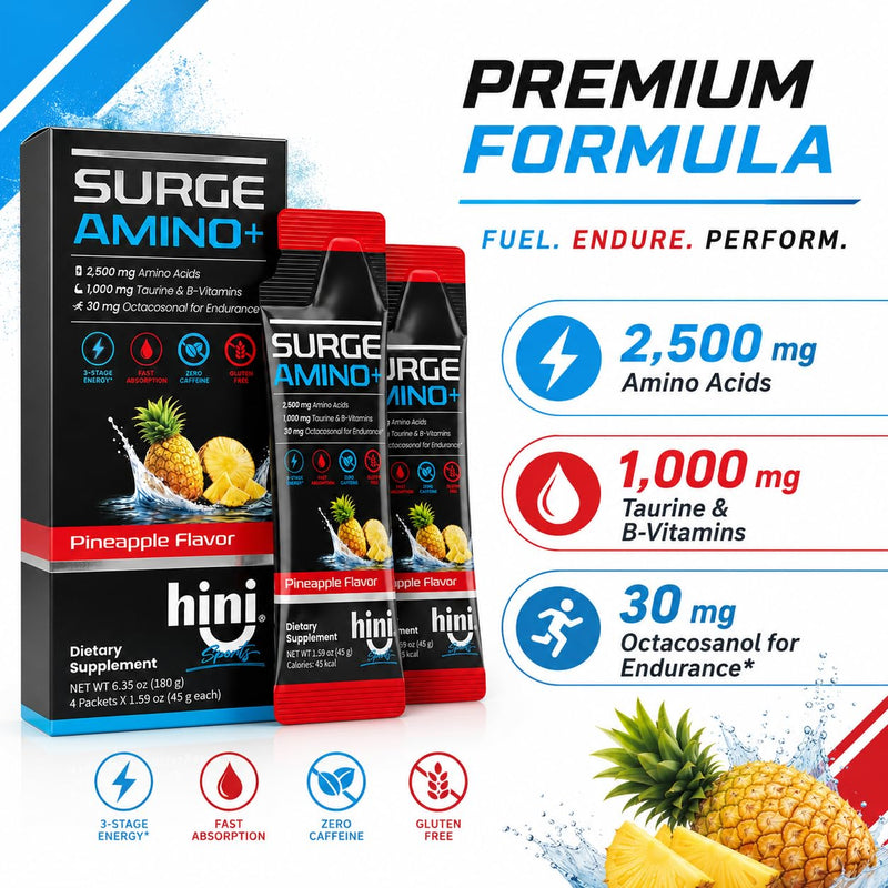 HINI Surge Amino+ Energy Gel, Pineapple Flavor, 4 Packets | 2,500 mg amino acid blend, 1,000 mg taurine, B vitamins and 30 mg octacosanol per packet.