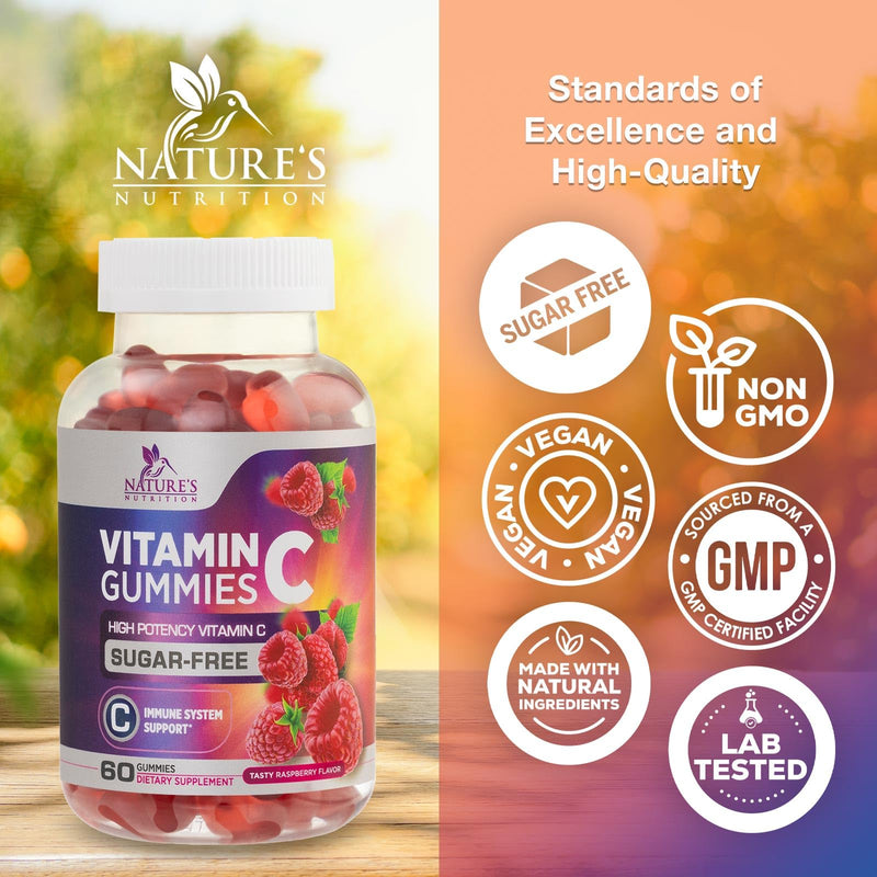 Zero Sugar Vitamin C Gummies - Immune Support & Antioxidant VitaminC Dietary Supplement - Vegan, Non-GMO, Dairy & Gluten Free C Vitamin Gummy - Raspberry Flavor for Kids & Adults - 60 Count Gummies 60 Count (Pack of 1)