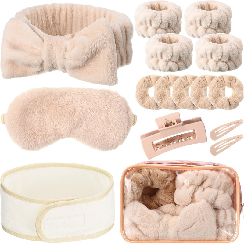 16 Pcs Skin Care Headband Set 2 Spa Headband 1 Plush Sleep Eye Mask 4 Skin Care Wristbands 5 Velvet Scrunchies 1 Claw Clip 2 Bangs Clip 1 Cosmetic Bag for Valentine Galentine Spa Gift(Khaki) Khaki