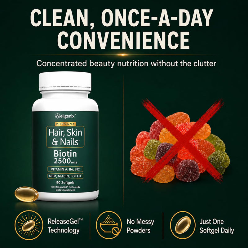 Wellgenix Purvana Hair Skin and Nails Supplement – 2500mcg Biotin Softgels with MSM & B-Complex – Daily Beauty Support for Stronger Nails & Hair Vitality – 90 Softgels | MSM, alpha lipoic acid & grape seed softgels for thicker-looking hair, stronger-lo...