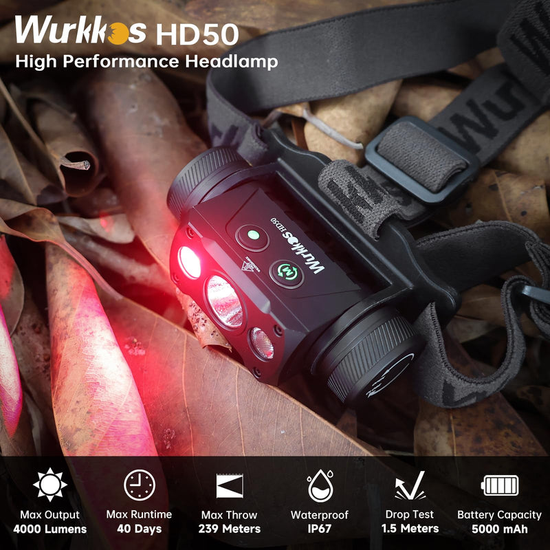 Wurkkos HD50 4000 Lumens Super Bright Headlamp, Head Lamp with Red Light Mode, High CRI, LED Headlamp with Magnetic Tailcap, Rechargeable Headlamps for Adults, Camping, Night Fishing, Hiking, IPX67 - BeesActive Australia