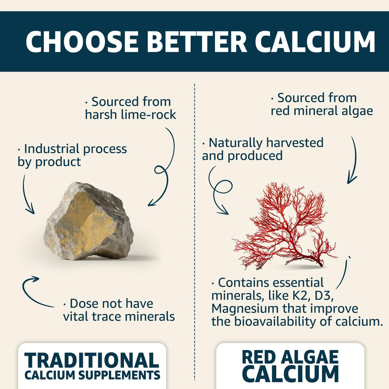 Calcium Gummies - Algae Calcium 600mg with Vitamin D3 K2 Magnesium | Bone, Muscle Strength & Immune Support - Sustainably Sourced Algae Calcium for Women & Men, 70+ Mineral, Vegan, 2PACK 60 Count (Pack of 2)