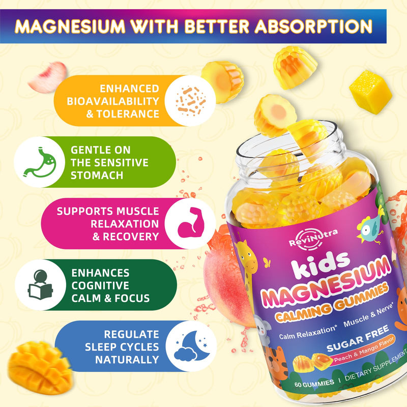 Center-Filled Kids Magnesium Gummies - Magnesium Glycinate Gummies for Kids Adults with L-Theanine, Chamomile, Licorice, Vitamin D, B6 for Sleep, Relaxation, Brain & Muscle - Sugar Free Peach & Mango 60 Count (Pack of 1)