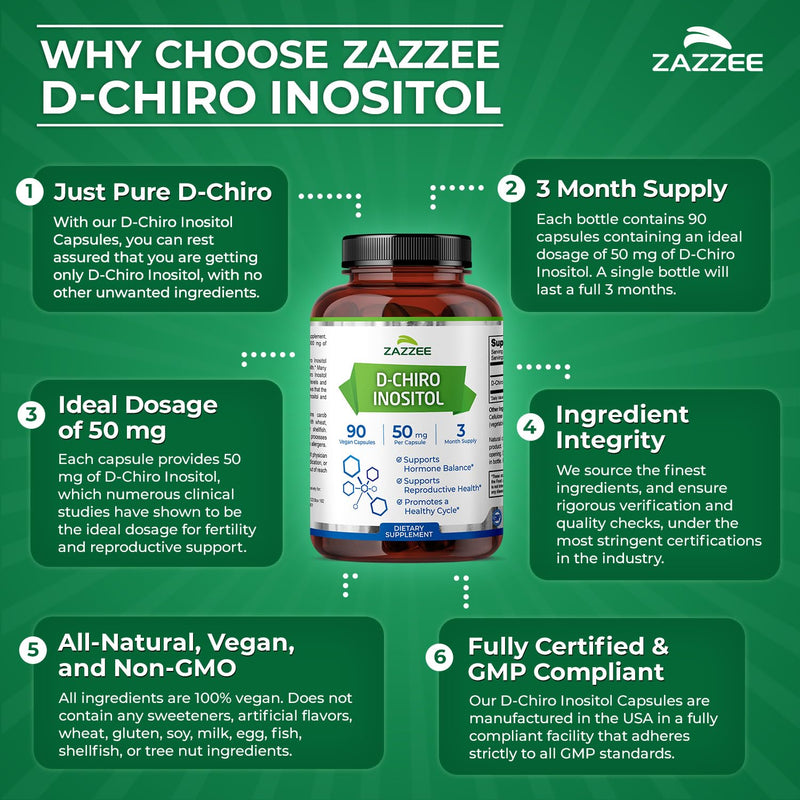 Zazzee D-Chiro-Inositol, 50 mg per Capsule, 90 Vegan Capsules | Ideal Dosage for 40:1 Ratio with Myo-Inositol, 3 Month Supply, 100% Vegetarian, Non-GMO, Made in the USA