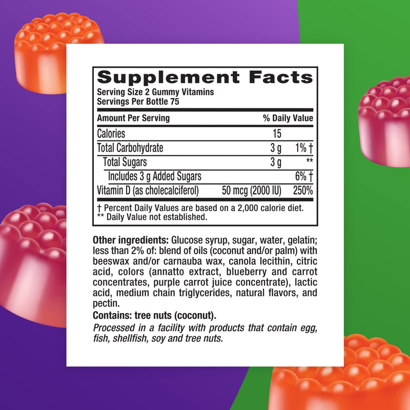 Vitafusion Vitamin D3 Gummy Vitamins for Bone and Immune System Support, Peach, Blackberry and Strawberry Flavored, 50 mcg Vitamin D, 75 Day Supply, 150 Count Original Peach,Berry 150 Count (Pack of 1) - BeesActive Australia