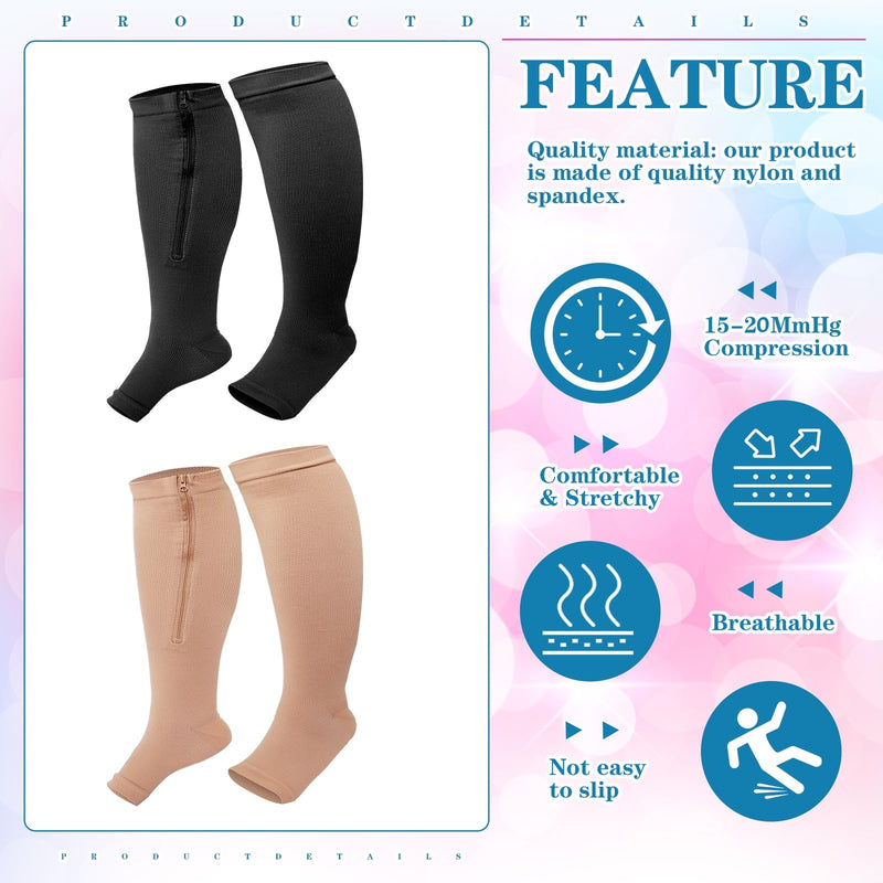 Hillban 2 Pair Plus Size Calf Zipper Compression Socks 15 to 20 Mmhg Open Toe Compression Stockings for Overweight Women Men 4X-Large Black, Nude - BeesActive Australia
