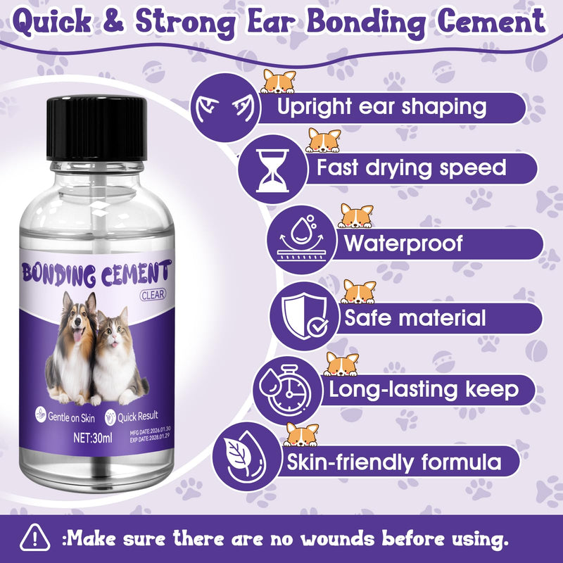 All-in-One Ear Posting Kit with Bonding Cement for Dogs, 4pcs Ear Tapes and 30ml Glue Remover for Doberman, Corgi, Yorkie Daily Care, Quick & Long-Lasting