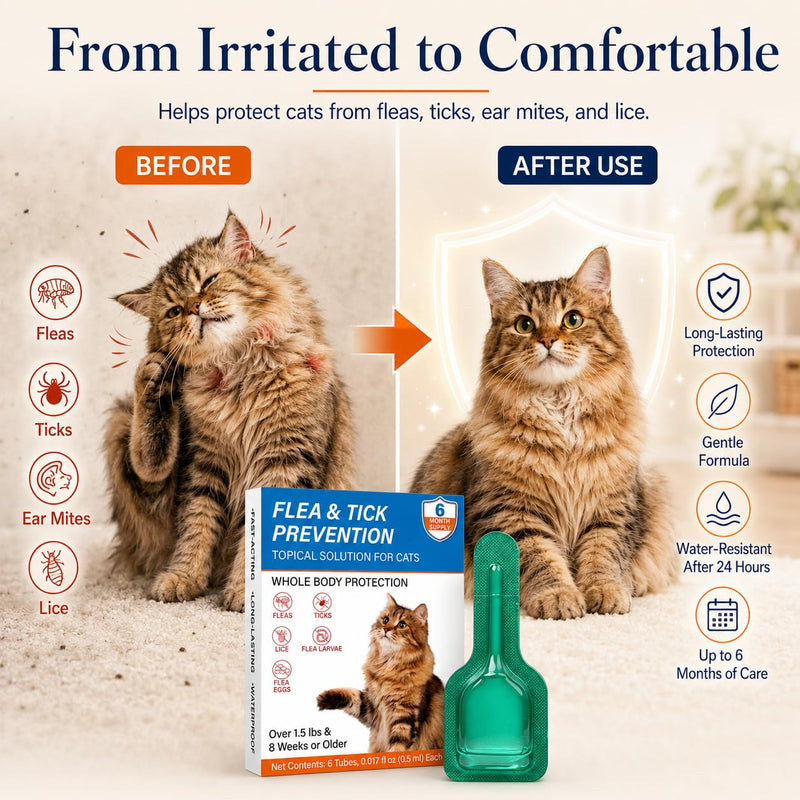 Cat Flea & Tick, Waterproof Topical Preventative for Cats Over 1.5 lbs and 8 Weeks or Older, 6 Doses Supply