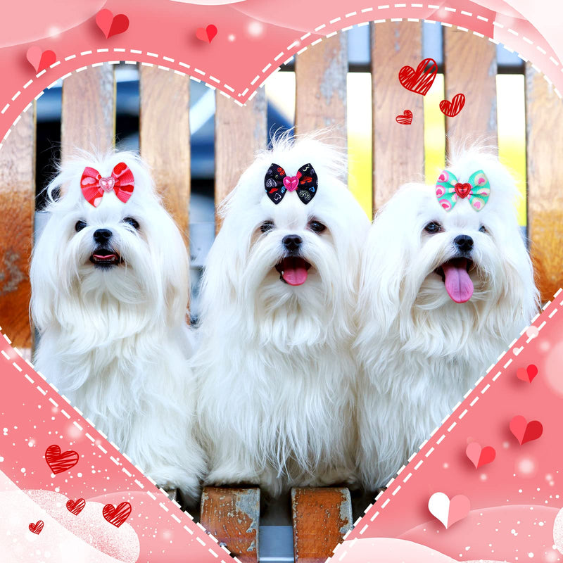 Tondiamo 100 Pack Valentine's Day Dog Hair Bows with Rubber Bands Valentine's Day Puppy Bows Rhinestone Pet Hair Accessories Dog Bows Grooming for Small Girl Dogs (Heart Pattern) Heart Pattern - BeesActive Australia