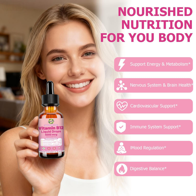2Pack Liquid Vitamin B12 Drops 5000 mcg Extra Strength B12 Methylcobalamin | with B1 B6 B3 Folate Niacin -Fast Absorption Sublingual B-12 Drops for Energy Metabolism & Brain Function, Vegan B Complex Raspberry 1 Fl Oz (Pack of 2)