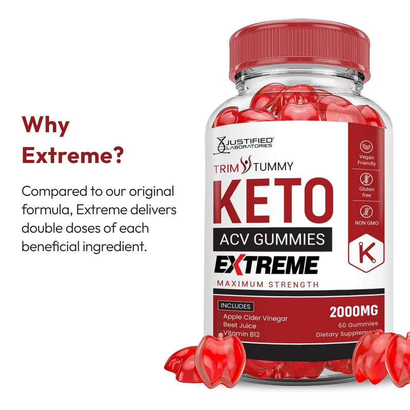 Justified Laboratories Trim Tummy Keto ACV Gummies Extreme (2000 mg) - 60 Count - Made with the Mother & Vitamin B12 - Non-GMO, Vegan, Gluten Free - 30 Servings 60 Count (Pack of 1)