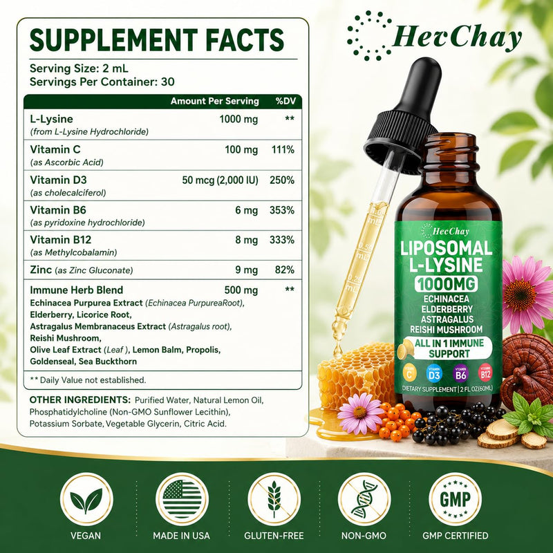 Liposomal L-Lysine Liquid Drops 1000mg with Vitamin C & Zinc, 2 Fl Oz | Essential Amino Acid Lysine with Echinacea, Elderberry, Vitamin C, D3 & Zinc for collagen, Lip, Skin & immune, kids & adults 2 Fl Oz (Pack of 1)