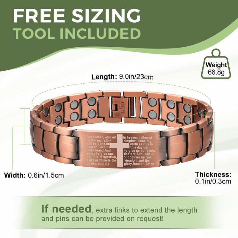 MagEnergy Copper Bracelet for Men, Cross Copper Magnetic Bracelet with Ultra Strength Magnets, Adjustable Link Jewelry Box Gift (Sizing Tool) Copper-Matthew 6:9-13
