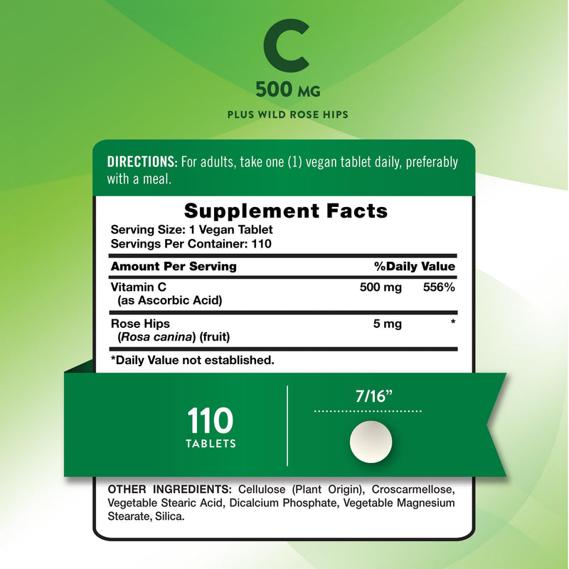 Nature's Truth Vitamin C with Rose Hips 500 mg | 110 Tablets | Vegan, Non-GMO & Gluten Free Supplement | Vegan, Non-GMO & Gluten Free Supplement