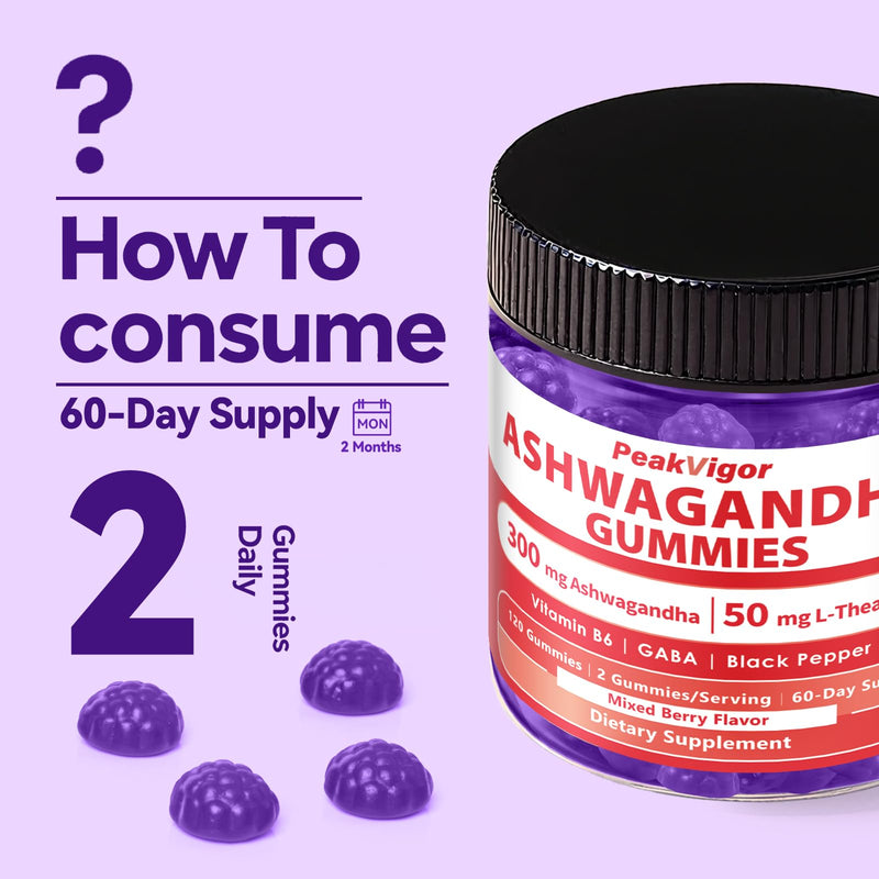 Ashwagandha Gummies 300mg + L-Theanine 50mg, GABA & Vitamin B6 – Plant-Based Mixed Berry Formula with Black Pepper – 120 Count, 60-Day Supply, Non-GMO 120 Count (Pack of 1)