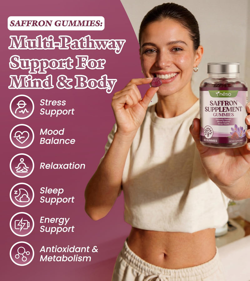 Saffron Gummies with Ashwagandha, Rhodiola & GABA – Sugar Free Mood & Stress Support Supplement with Magnesium, Vitamin D3 & Zinc – Calm & Relaxation Blend, 60 Gummies (30 Servings) 60 Count (Pack of 1)