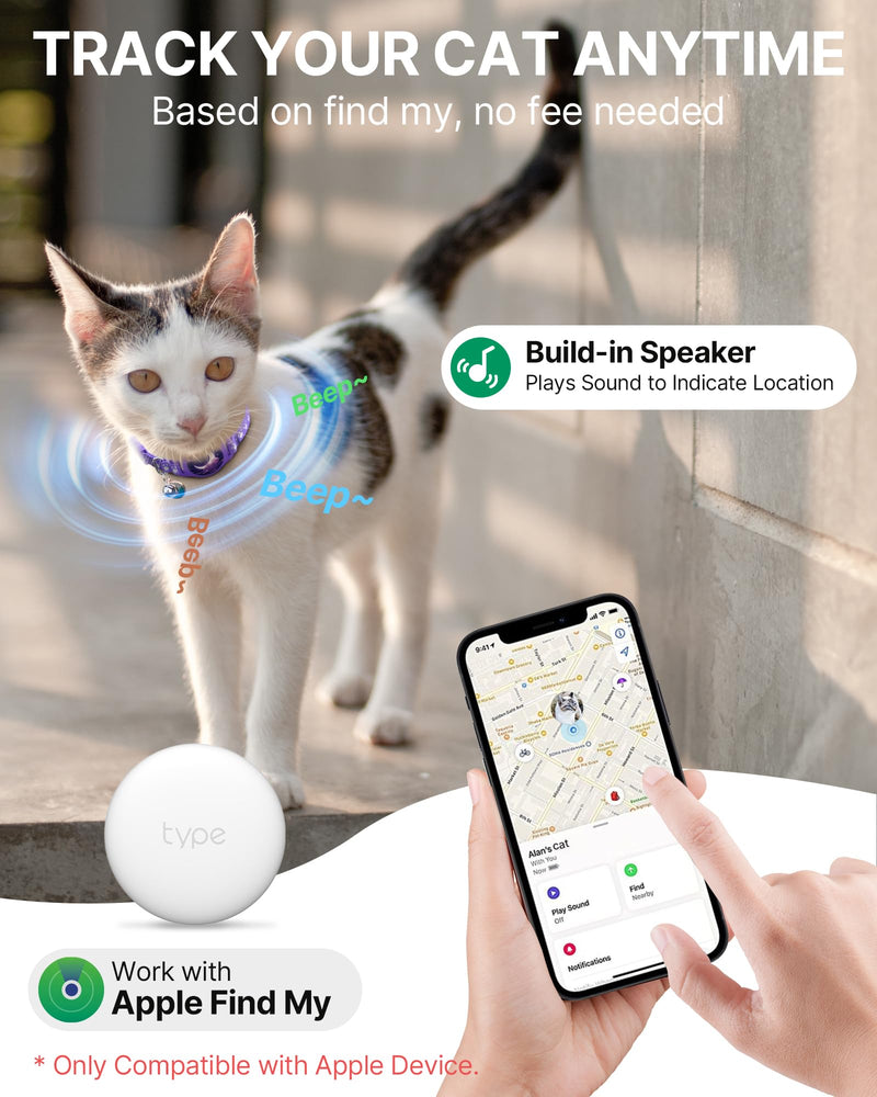 Cat Tracker Collar - Tracking Pet Collar with Finder Tag Waterproof, No Monthly Fee, Compatible with Apple Find My (iOS Only), Breakaway GPS Tractive Cat Collar with Reflective Pattern & Bell, Purple - BeesActive Australia