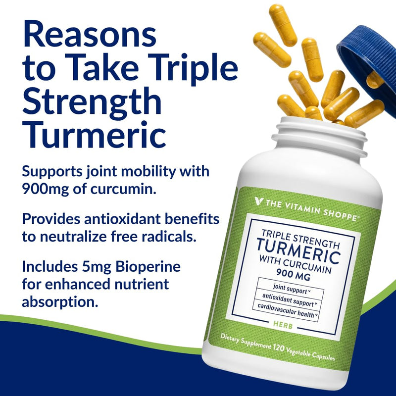 The Vitamin Shoppe Brand Triple Strength Turmeric 900 MG, 120 Capsules | Includes BioPerine (Black Pepper Extract), Joint Mobility & Antioxidant Support, Vegetarian, Gluten Free Unflavoured 120 Count (Pack of 1)