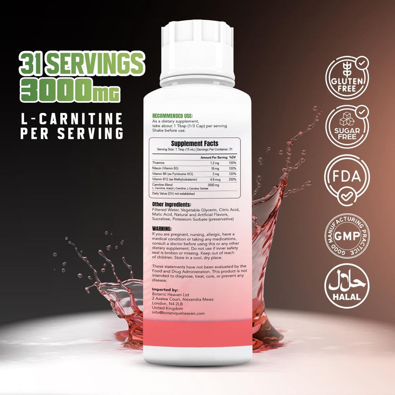 L-Carnitine Liquid 3000mg Per Serving | High Strength Liquid Carnitine | Energy & Metabolism Support | 31 Servings | Sugar Free, Vegan | Watermelon