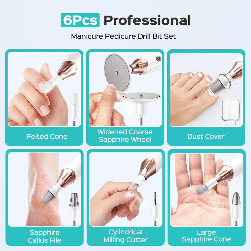 COSLUS C43 Professional Manicure Pedicure Kit, 5-in-1 Electric Nail File for Toenail Hand Feet Care - Wider Grinder for Thick Nails, Cordless, 5 Speed, for Men Women Seniors Home Salon, White (END10)