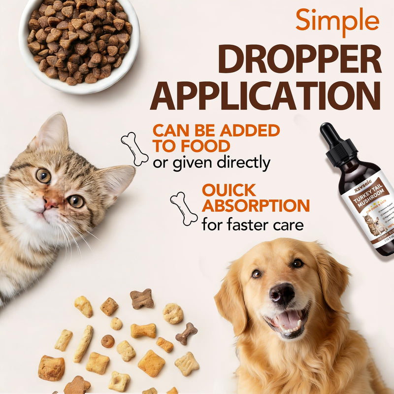 Turkey Tail Mushroom for Dogs & Cats - Immune Defense for Pets, Immune & Digestive Drops with 5X Mushrooms, Turmeric & Probiotic