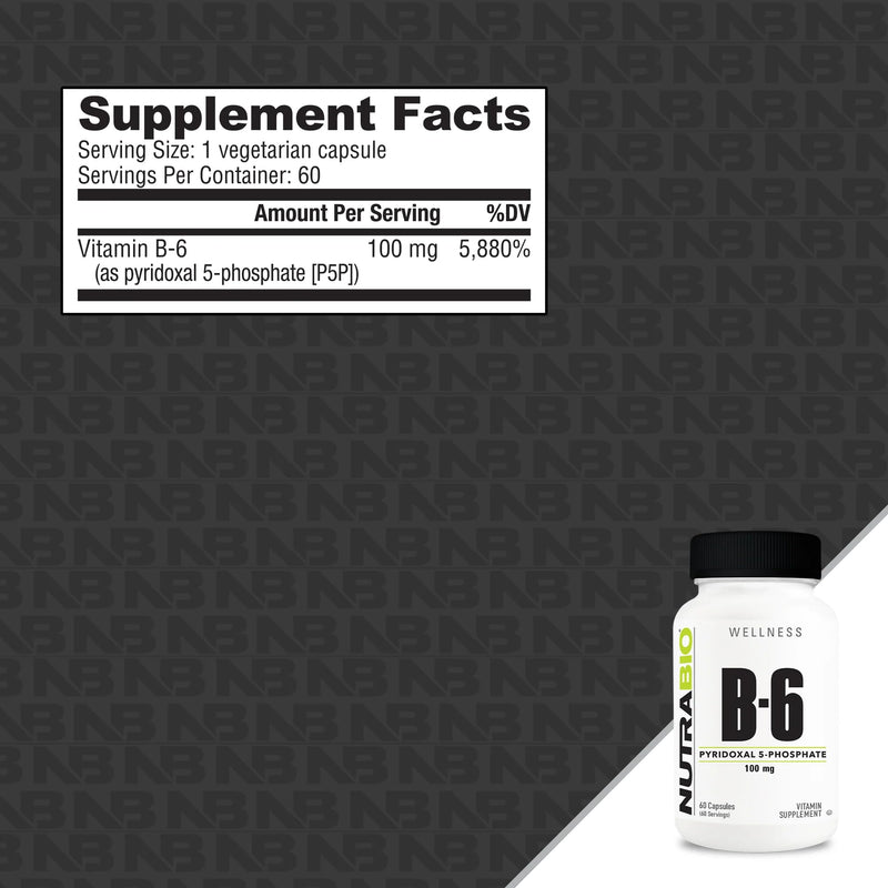 NutraBio Vitamin B6 P5P (Pyridoxal 5-Phosphate) Vitamin B6 100mg per Serving- 60 Vegetable Capsules