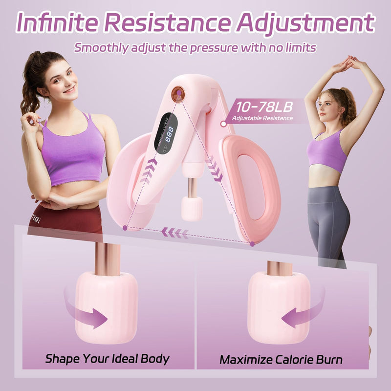 QIUTONG Thigh Master 2026 Upgraded, 10-78LB Thigh Master Thigh Exerciser, LED Inner Thigh Exerciser, 360° Pelvic Floor Exercise Devices, Hip Trainer Kegel Excerciser, 20LB Resistance Band, Light Pink - BeesActive Australia